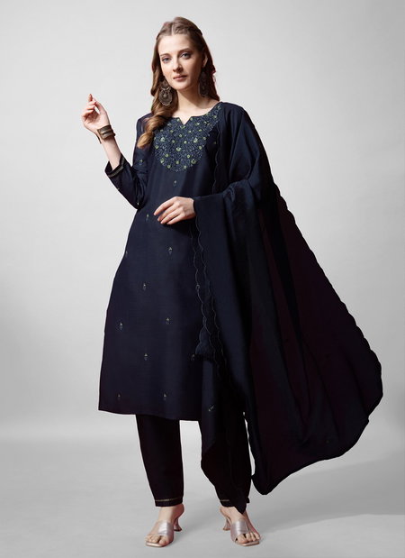 Navy Blue Colour Rayon With Embroidery Work Kurti With Pant Dupatta Aaradhna 1152 Online Wholesale
